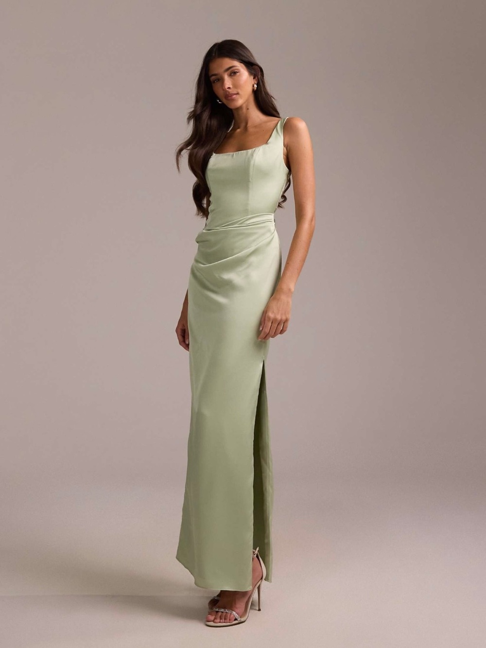 ASOS Satin Square-Neck Maxi Dress in Sage